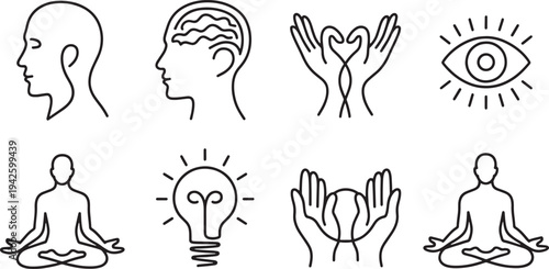 A collection of simple outline vector icons representing mental health, human consciousness, meditation, creativity, brain activity, empathy, and holistic well-being concepts.