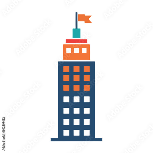 Modern office building with flag on top in corporate setting