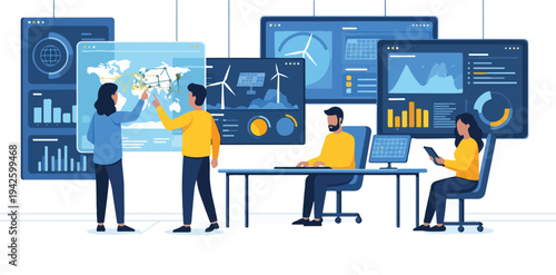 Team of professionals collaborating in a renewable energy control room with various screens displaying data and graphs.