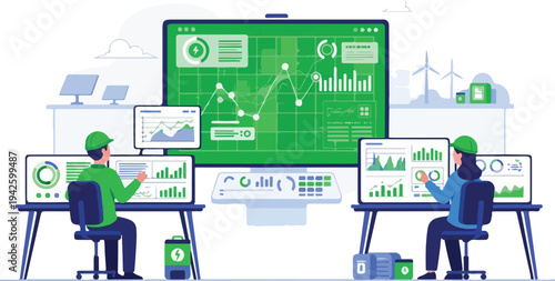 Two professionals working at desks in a renewable energy control room with large computer screens displaying green metrics and graphs.