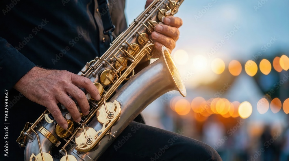 Obraz premium Close up of a musician playing a golden saxophone with bokeh lights in the background.