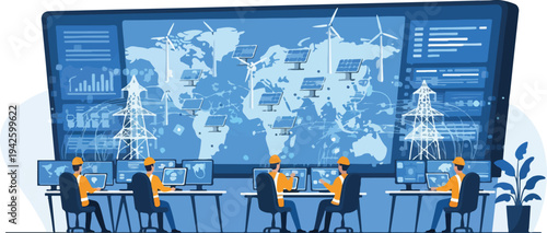 Illustration of a renewable energy control room with operators monitoring a large screen displaying a world map and wind turbines in a modern office setting with a blue and orange color