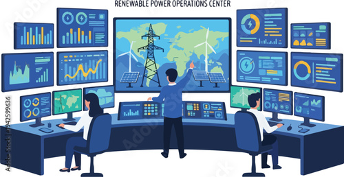 Technicians in a renewable energy control room monitoring and operating systems with multiple screens and data visualizations.