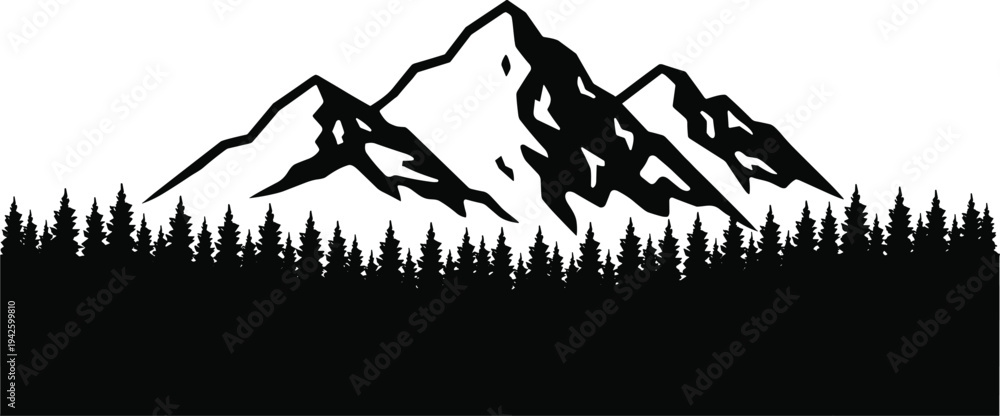 Obraz premium Mountain range silhouette with dense pine forest landscape, minimalist black nature illustration, wilderness scenery, outdoor adventure background, alpine peaks and evergreen trees vector style 🌲⛰️