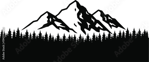 Mountain range silhouette with dense pine forest landscape, minimalist black nature illustration, wilderness scenery, outdoor adventure background, alpine peaks and evergreen trees vector style 🌲⛰️