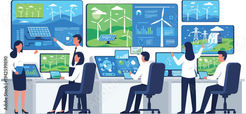 A team of professionals working together in a renewable energy control room with multiple computer screens displaying various sustainable power sources.