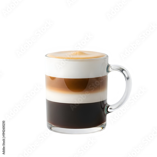 Glass mug with layered coffee and milk on white background