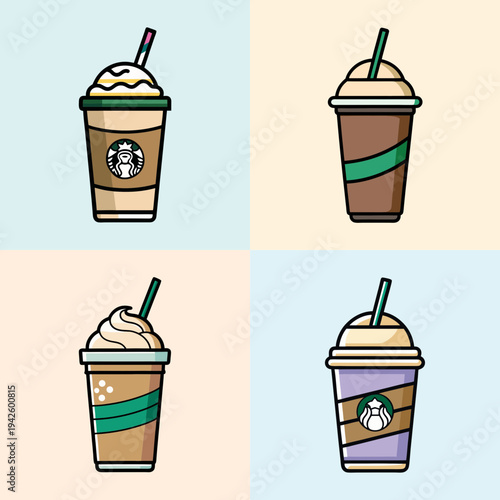 Variety of Starbucks Frappuccino coffee drinks vector illustration, flat design