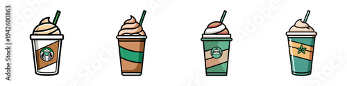 Four different Frappuccino coffee drinks vector illustration, flat design