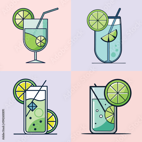 Refreshing gin and tonic drinks with lime vector illustration, flat design