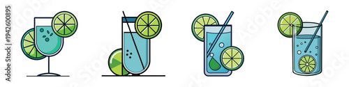 Gin and tonic with lime variations vector illustration, flat design