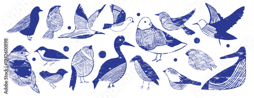 Bird vector illustration set in vintage linocut style. Blue hand drawn birds with wings and feathers, engraving and woodcut texture. Wildlife nature isolated collection, decorative minimalist design