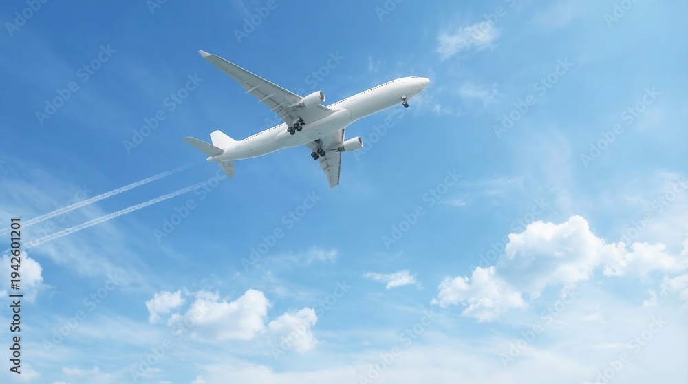 Obraz premium Passenger Airplane Flying High in the Blue Sky with Contrails.
