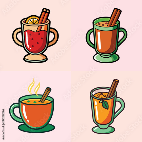 Warm Glasses of Hot Cider with Cinnamon Sticks vector illustration