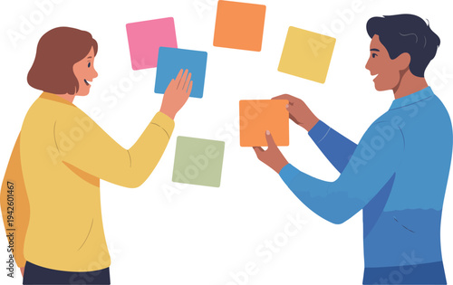 Two coworkers collaborating with colorful sticky notes, creative brainstorming and teamwork concept in modern flat minimalist vector illustration

Keywords (30):