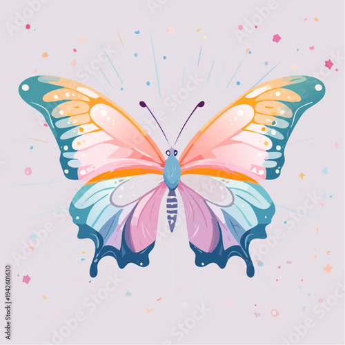 Beautiful Pastel Butterfly Vector Illustration, Whimsical Magical Insect Wings, Transformation and Grace Concept Art, Colorful Nature Design Element with Sparkles