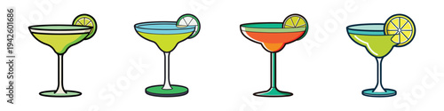 Four colorful margarita glasses with lime wedges vector illustration