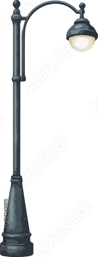 Modern street lamp post with curved arm and round light fixture isolated on black background minimal urban lighting design