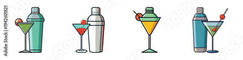 Cocktail shaker and glasses vector illustration, flat design with colorful drinks