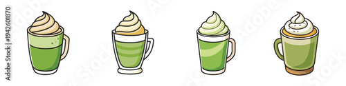 Four different matcha latte cups with whipped cream vector illustration