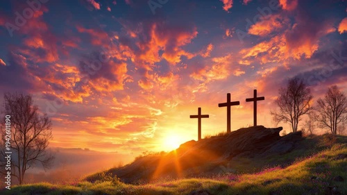 As the sun sets, three crosses stand silhouetted against a vibrant, fire-like sky. A scene of reverence and spirituality. ..Created with Generative AI, not depicting real subjects.