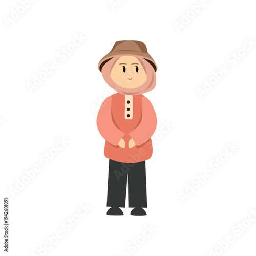 Cartoon Woman in Hijab and Hat. Modest Fashion Muslim Woman Icon. Modern Muslim Woman Wearing Hijab Islamic character.