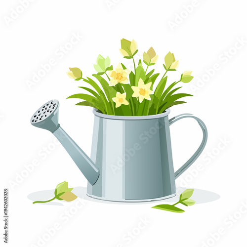 Spring Floral Arrangement with Yellow Daffodils in a Metal Watering Can, Gardening and Nature Concept Illustration Isolated on White Background