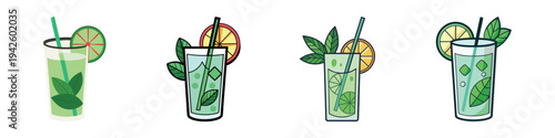 Four Mojito Cocktails with Mint and Citrus Slices vector illustration