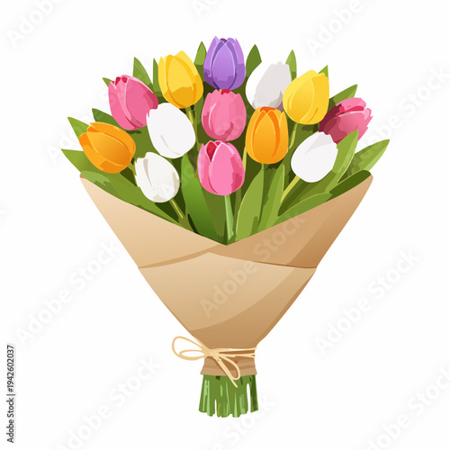 Colorful Tulip Flower Bouquet Wrapped in Brown Craft Paper, Spring Floral Arrangement for Mother's Day, Valentine's Day and Birthday, Isolated Vector Illustration