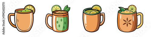 Moscow Mule cocktails in copper mugs with lime and mint vector illustration