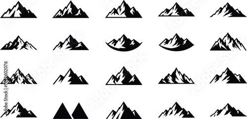 Collection of mountain silhouette icons, abstract alpine peak shapes set, black vector mountain logo elements for adventure branding, hiking, outdoor travel design isolated