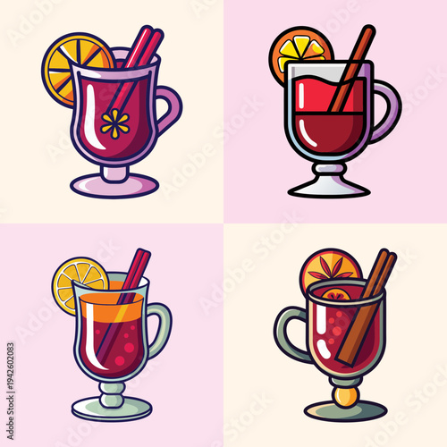 Warm mulled wine cups with oranges and cinnamon sticks vector illustration