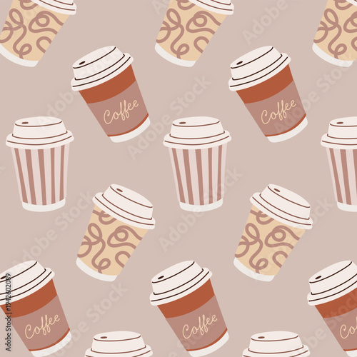 Seamless pattern with takeaway coffee cups on white background. Coffee to go hand drawn vector illustrations