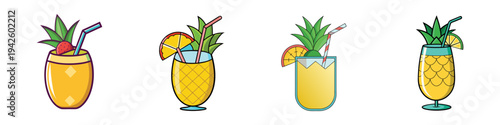 Four colorful Piña Colada cocktails with umbrellas and straws vector illustration