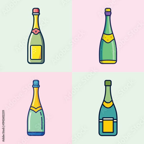 Prosecco bottles in different designs, vector illustration, flat design