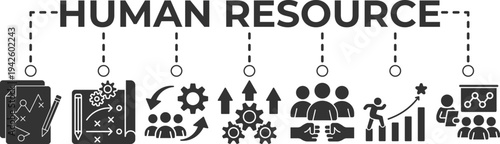 Human resource management banner web icon set vector illustration for HR recruitment, employee development, leadership, performance improvement and team organization concept