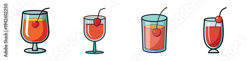 Four glasses with cherry cocktail vector illustration, flat design drink set