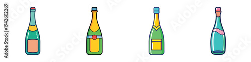 Four colorful prosecco bottles vector illustration, flat design style