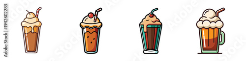 Root beer float vector illustration set, flat design graphic with four different glasses