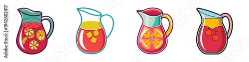 Colorful sangria pitchers with fruits vector illustration, flat design