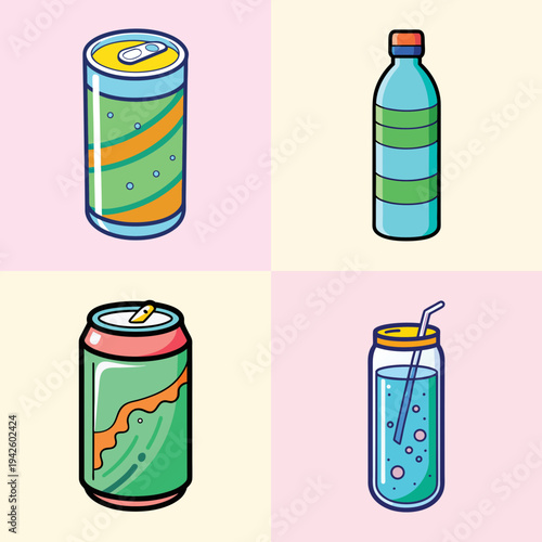 Refreshing drinks vector illustration, seltzer water bottles and cans flat design