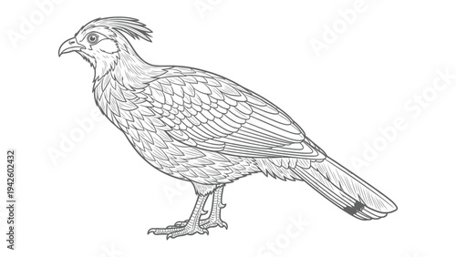 Unique Bird Illustration: A detailed pen-and-ink drawing of a distinct avian species, showcasing intricate feather patterns and unique form.