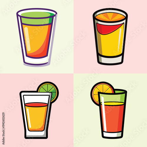 Four tequila shots with lime and orange slices vector illustration
