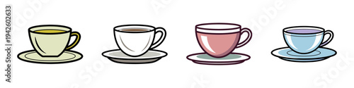 Colorful tea cups with saucers vector illustration, flat design