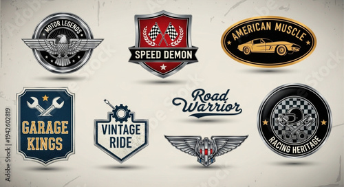 Collection of Vintage Car and Motorcycle Themed Logos and Emblems.