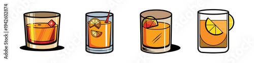 Whisky Sour Cocktail Vector Illustration, Flat Design with Four Glasses