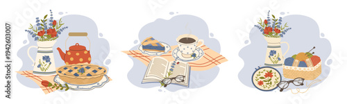 Cottagecore Hobby and Craft Kit with Knitting, Embroidery, and Book Vectors