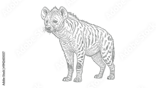 Hyena Portrait: A meticulously crafted monochrome drawing presents a hyena, showcasing intricate details in its fur and distinct markings.