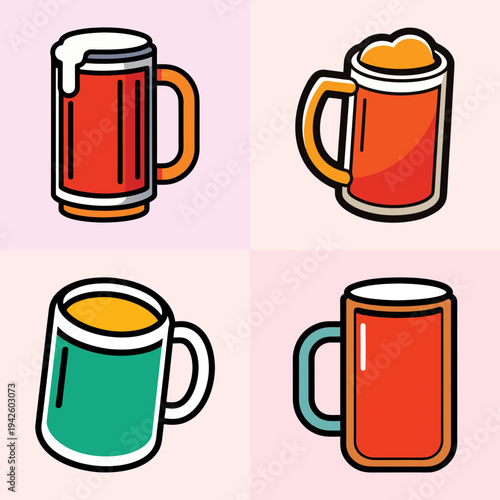 Colorful beer and cider mugs vector illustration, flat design