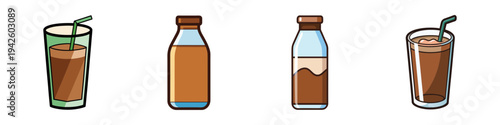 Chocolate milk drink and bottles vector illustration, flat design